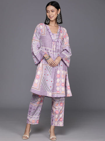 Varanga Women Lavender Abstract Printed V-Neck A-Line Kurta Paired With Tonal Bottom